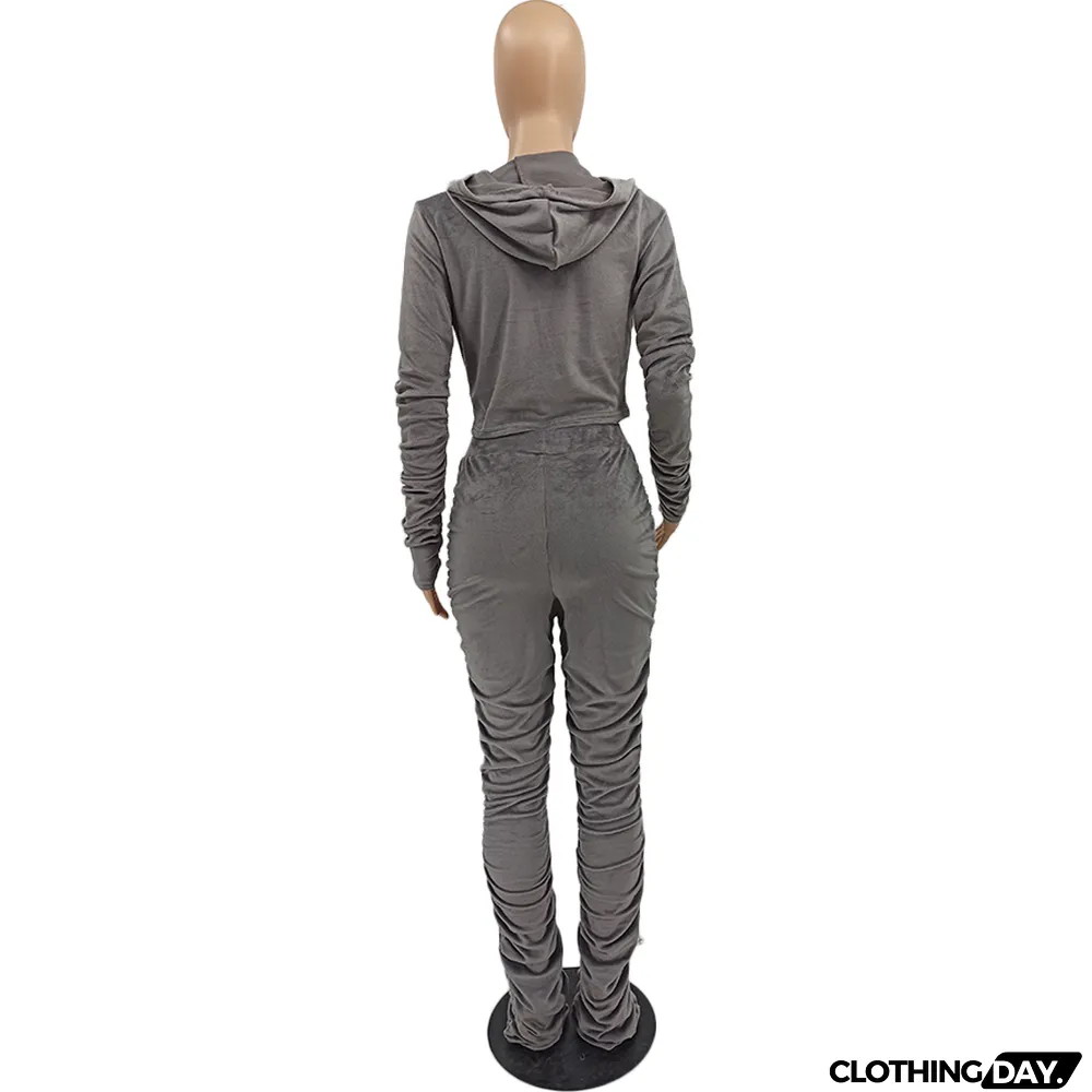 Velvet Pleated Zipper Hooded Jacket Skinny Pants Suit