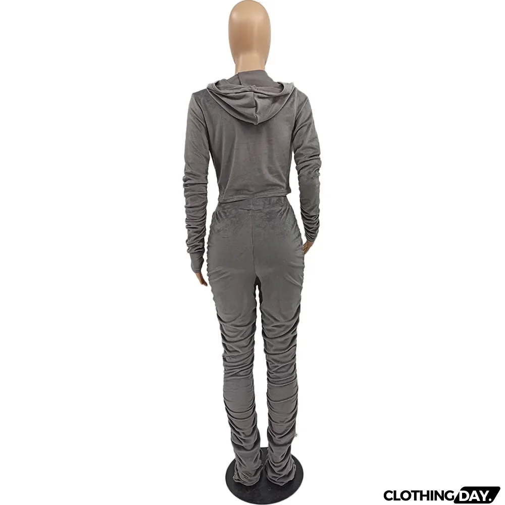 Velvet Pleated Zipper Hooded Jacket Skinny Pants Suit