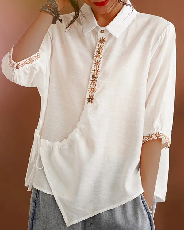 Vintage Embroidered Lapel Ramie Shirt