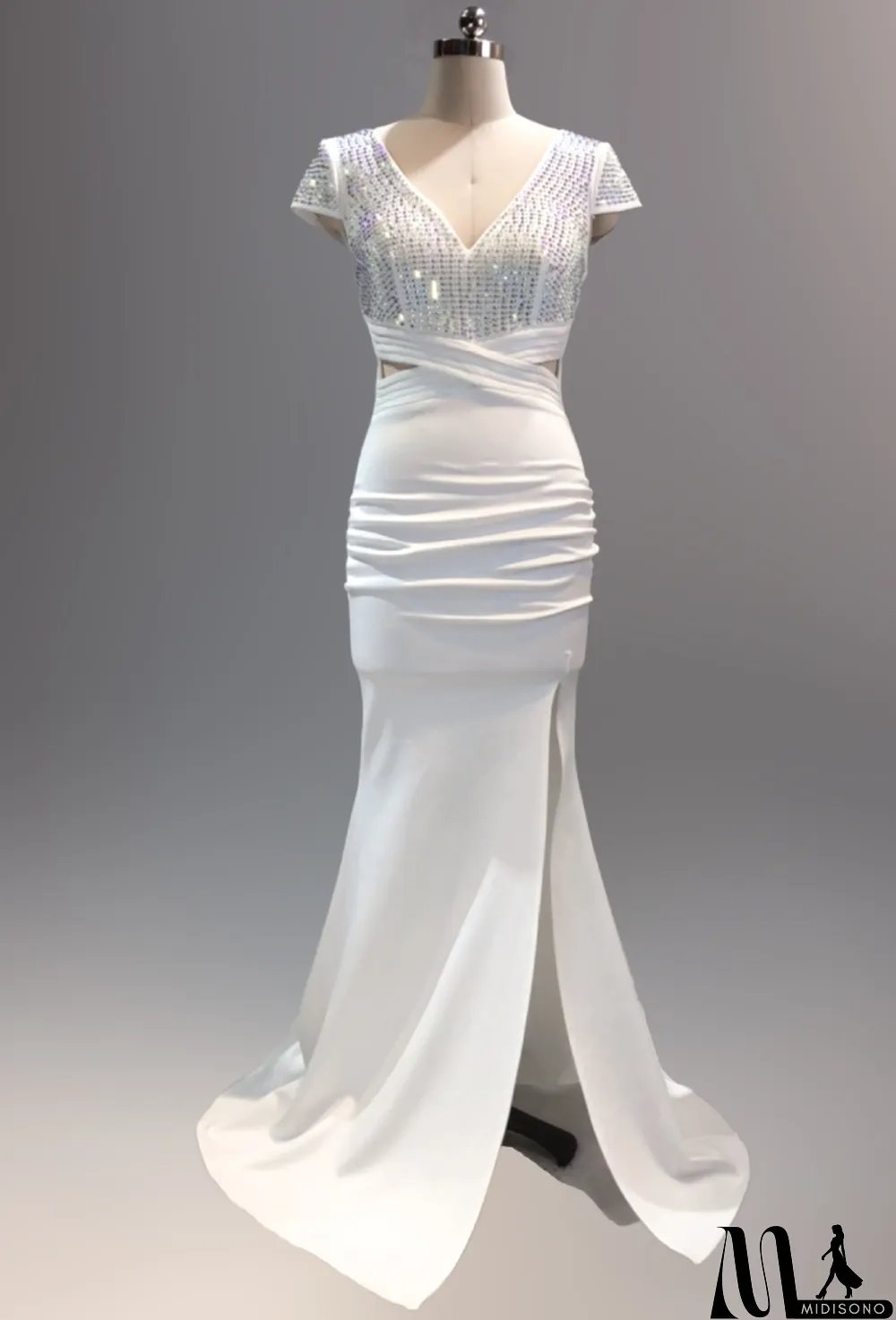 MidiSono - Spring Women Elegant White Rhinestone Beaded V Neck Short Sleeve Slit Formal Cocktail Evening Dress