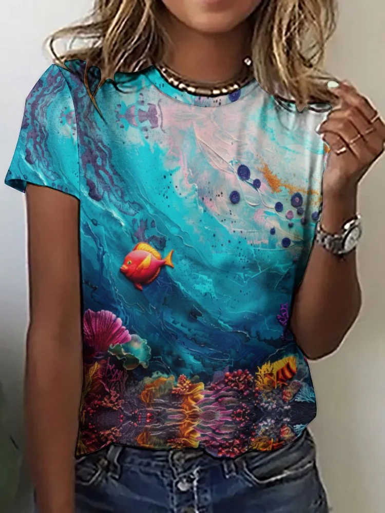 Printed Short Sleeve Casual T-shirt for  Women and Men Unisex Pattern Ocean, Blue, Sea, Fish