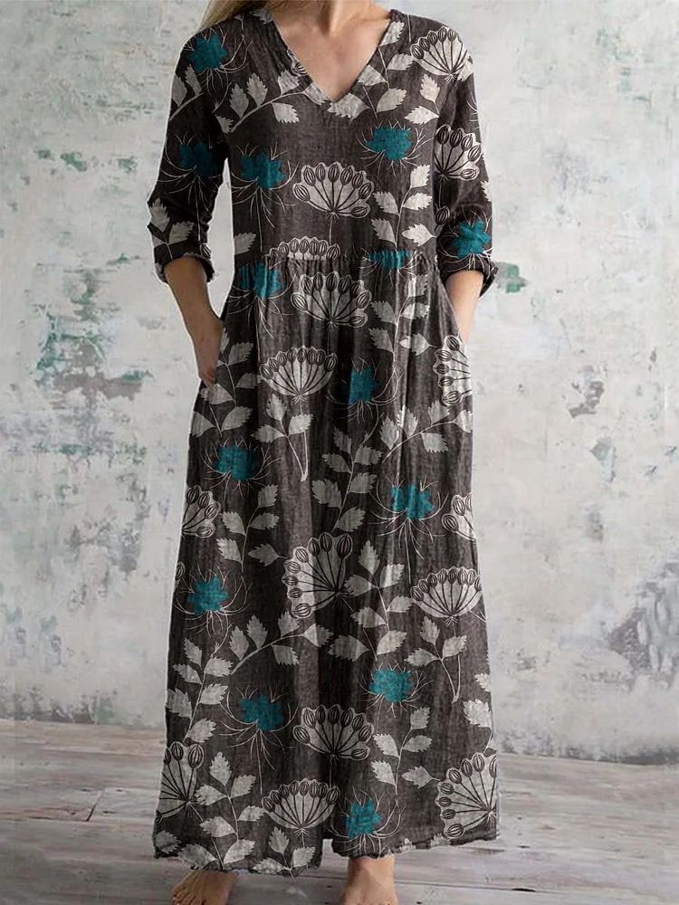 Women's V-neck Elegant Vintage Floral Pattern Cotton Shirt Dress
