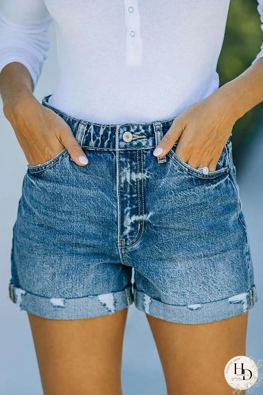 Ripped High Waist Denim Shorts