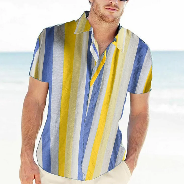 Men's short sleeve striped print lapel shirt