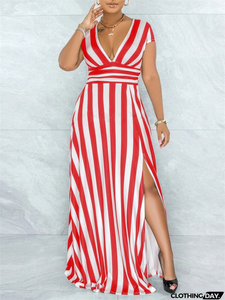 Fashion Sexy Stripe Deep-V Split Dresses