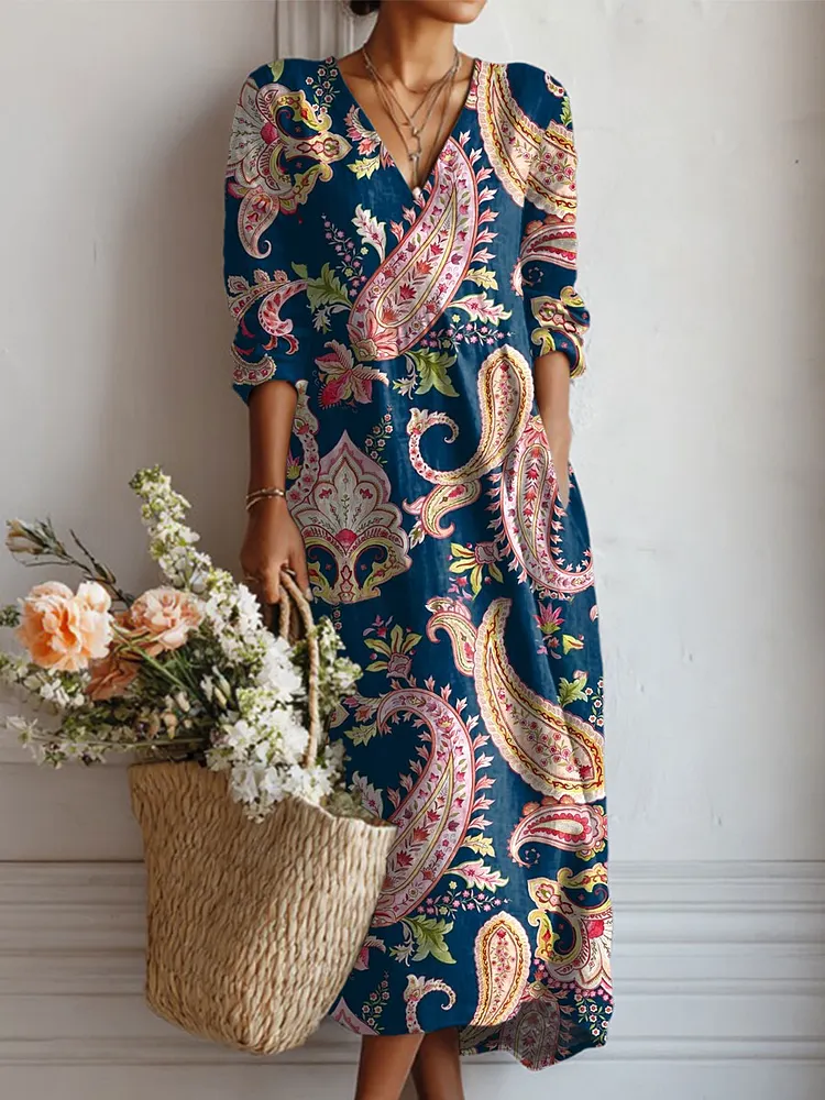 Women's Vintage Flower Art Print Linen Pocket Dress