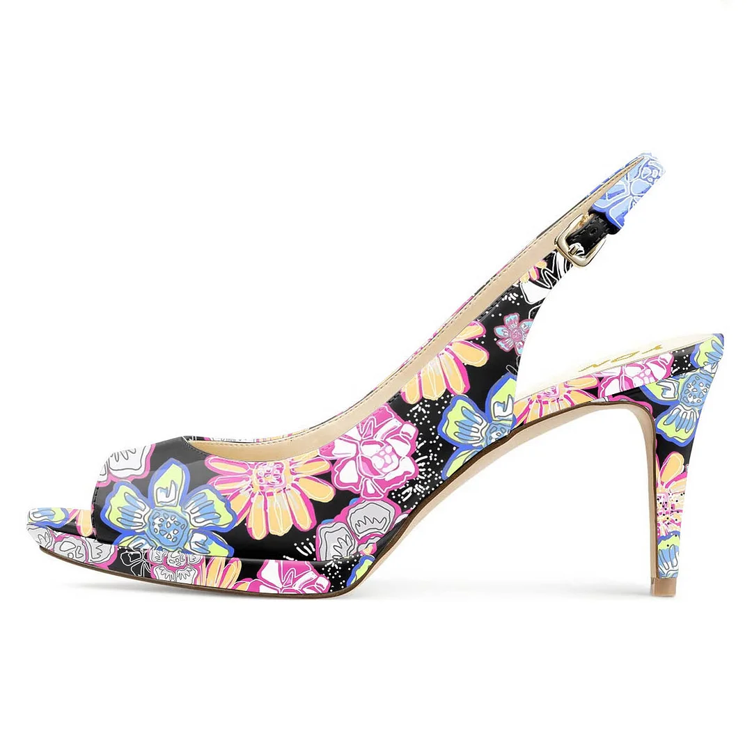 Colorful Floral Printed Peep Toe Patent Leather Platform Party Heels