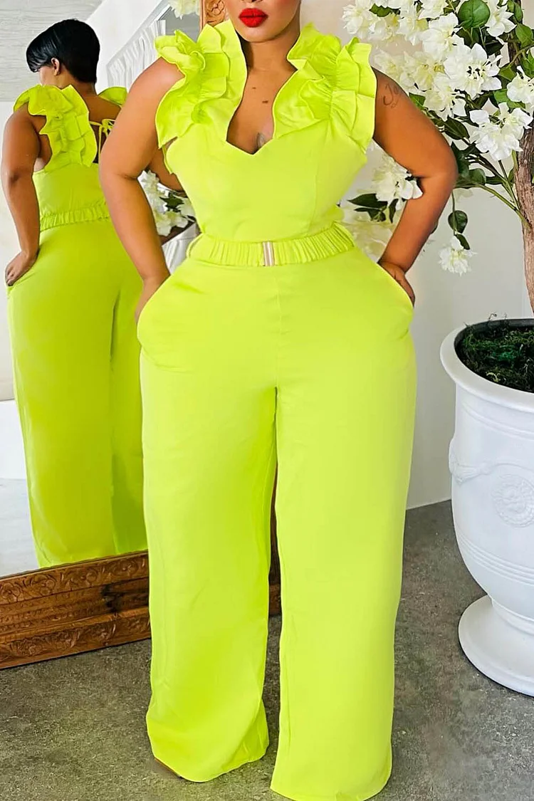 Plus Size Vacation Fluorescent Neon Green V Neck Pocket Jumpsuits [Pre-Order]