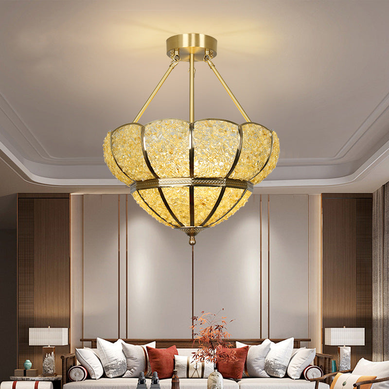 Traditional Vintage Semicircle Umbrella Copper Crystal 3-Light Pendant Light For Living Room