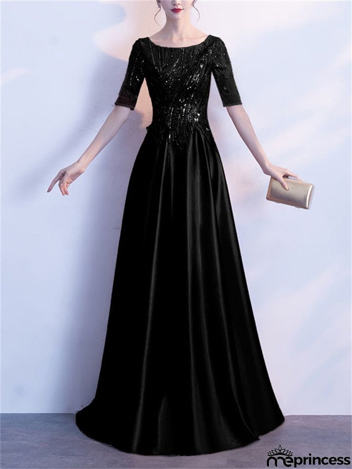 Shiny Round Neck Short Sleeve A-Lined Gown Dress for Evening