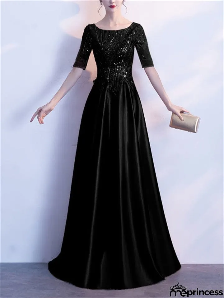 Shiny Round Neck Short Sleeve A-Lined Gown Dress for Evening