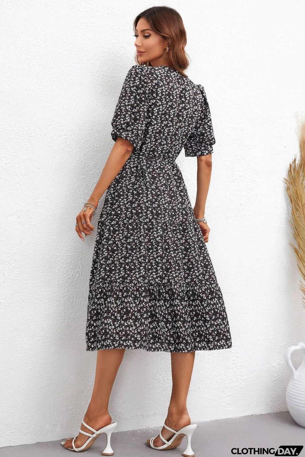 Floral Tie Waist Collared Neck Tiered Dress