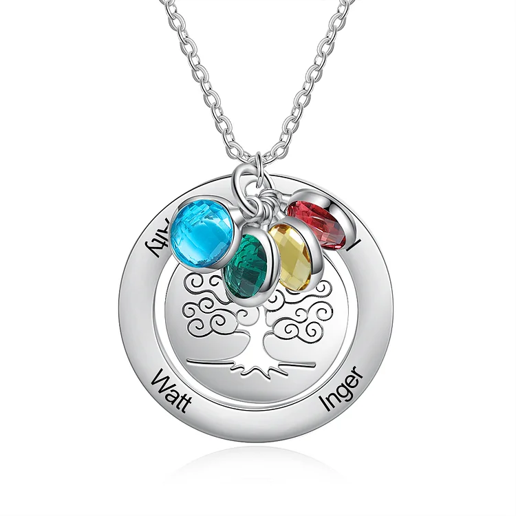 Personalized Family Tree Pendant Necklace with 4 Birthstones Necklace for Her
