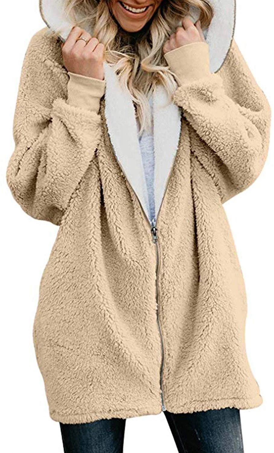 Womens Cardigan Jacket Coat Zippers Solid Warm Fleece Faux Fur Oversized Hoodie Outwear with Pockets