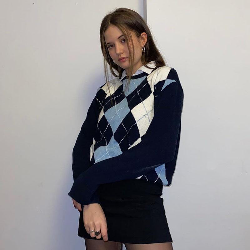 Women's Crewneck Argyle Sweater 丨KISS KIWI