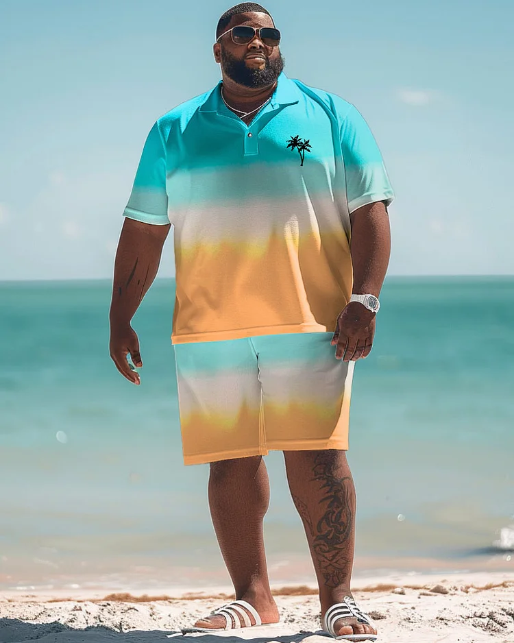 Men's Plus Size Hawaiian Tropical Gradient Coconut Tree Print Polo Shorts Suit