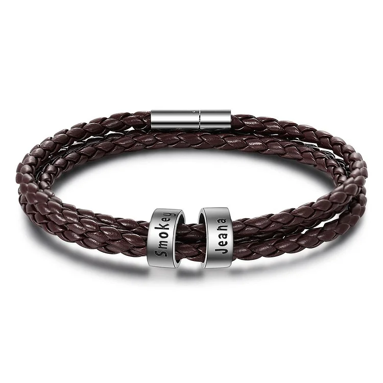 Leather Braided Bracelet Men Bracelets Personalised 2 Names 2 Beads Gift For Dad