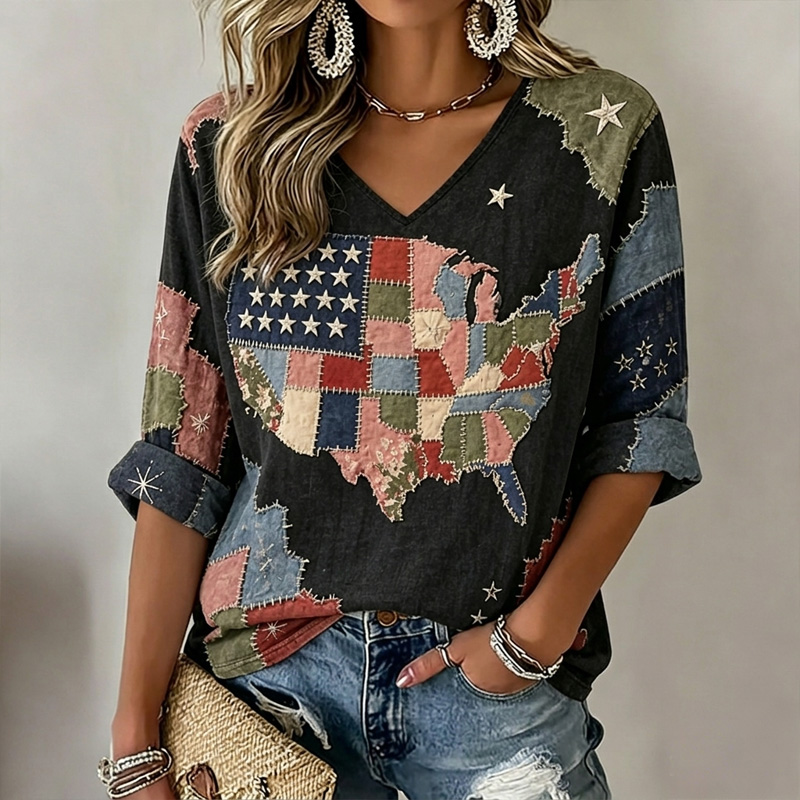  Women's Vintage Flag Patchwork Map Art  Three-quarter Sleeve V Neck Linen Tops Westsshops