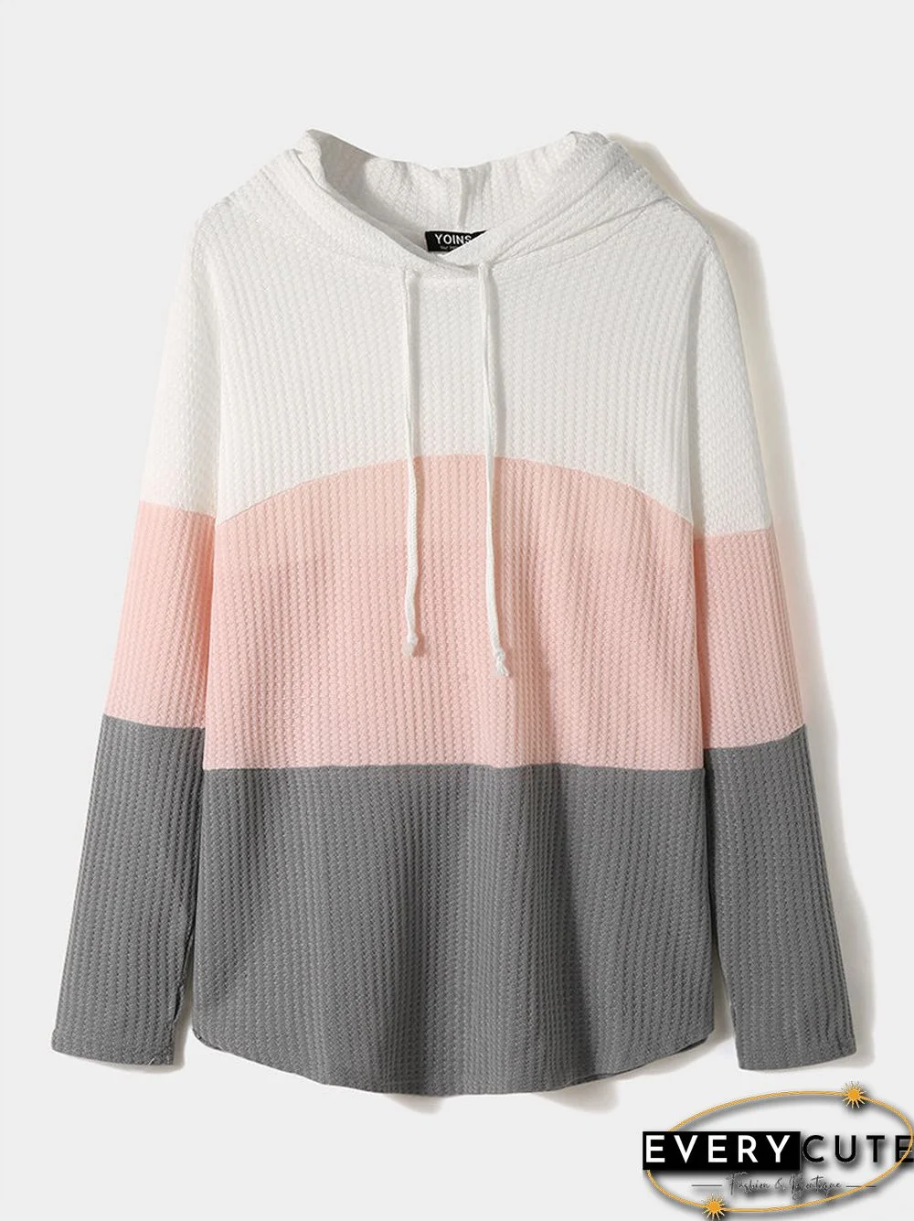 Contrast Color Drawstring Long Sleeve Casual Hooded Knit Sweater