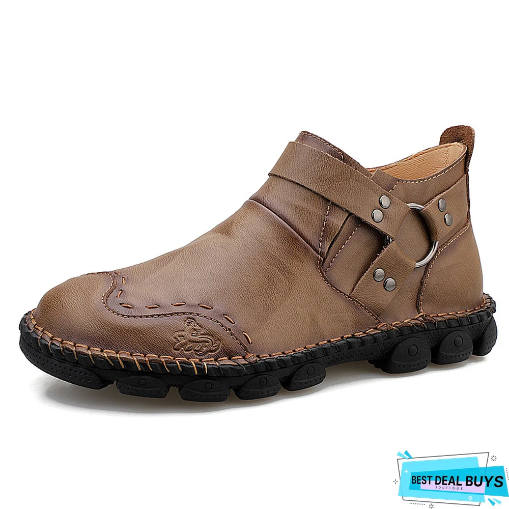 Large Size Hand Stitching Genuine Leather Non-Slip Retro Ankle Boots