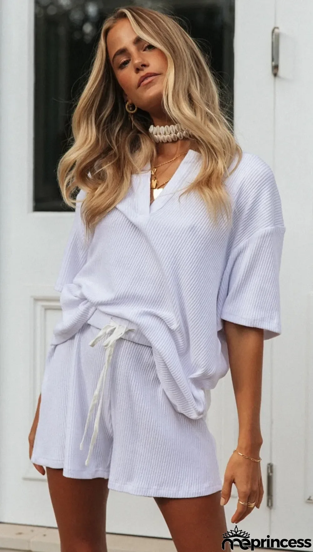 White Knit Slouchy Top and Shorts Matching Sets