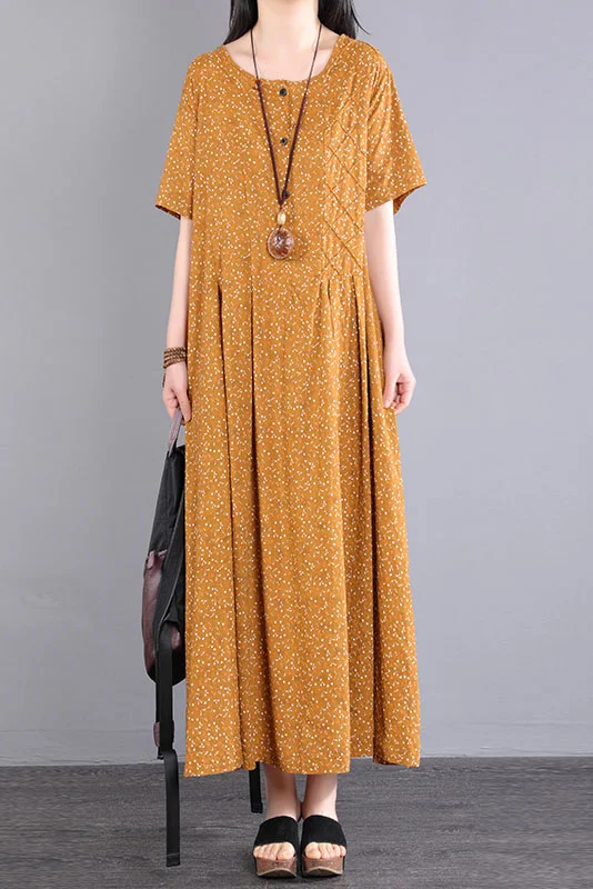 Women's Summer Loose Printed Dress Coffee Short-sleeved Dress