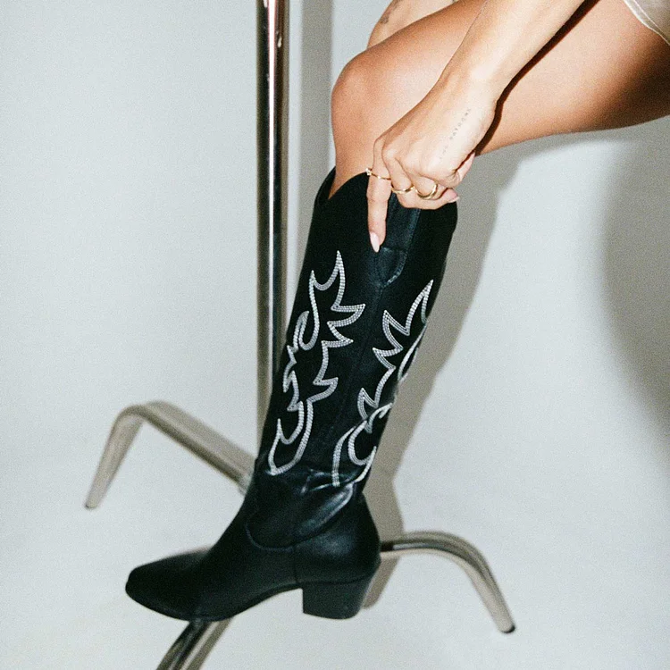 Retro Western Cowboy Boots Round Toe Thick Heel Long Boots For Women