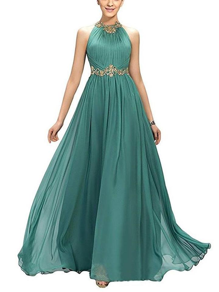  thdmladies Pretty Halter Neck Beaded Fitted Waist Dress for Evening thedmladies