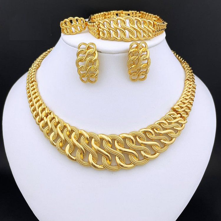 Dubai Gold Plated Fine Jewelry Set Women Necklace Earrings Charm Bracelet For Wedding Party