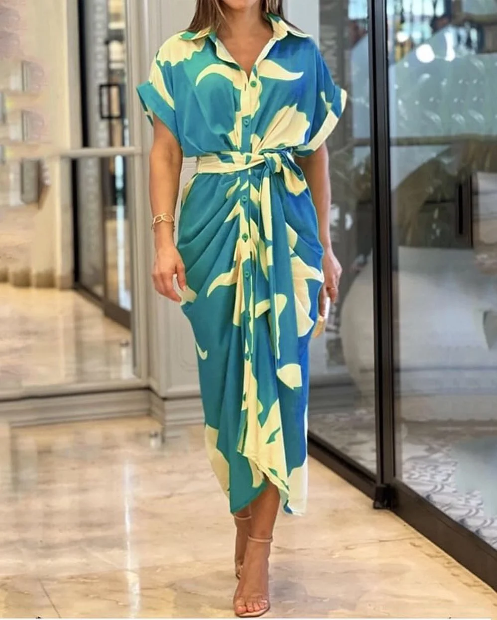 Nigikala Nigikala Summer Single Buckle Long Shirt Women's Printed Short-Sleeved Dress