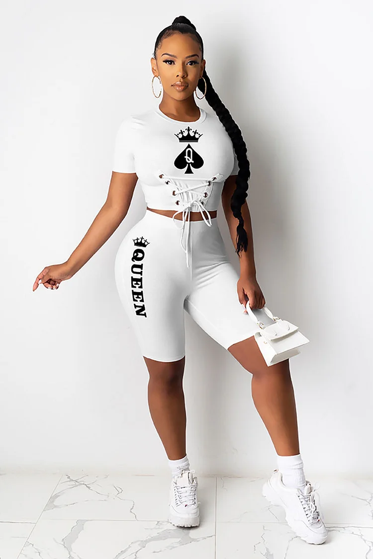 Graphic Print Lace Up Short Sleeve Casual Two Piece Shorts Set