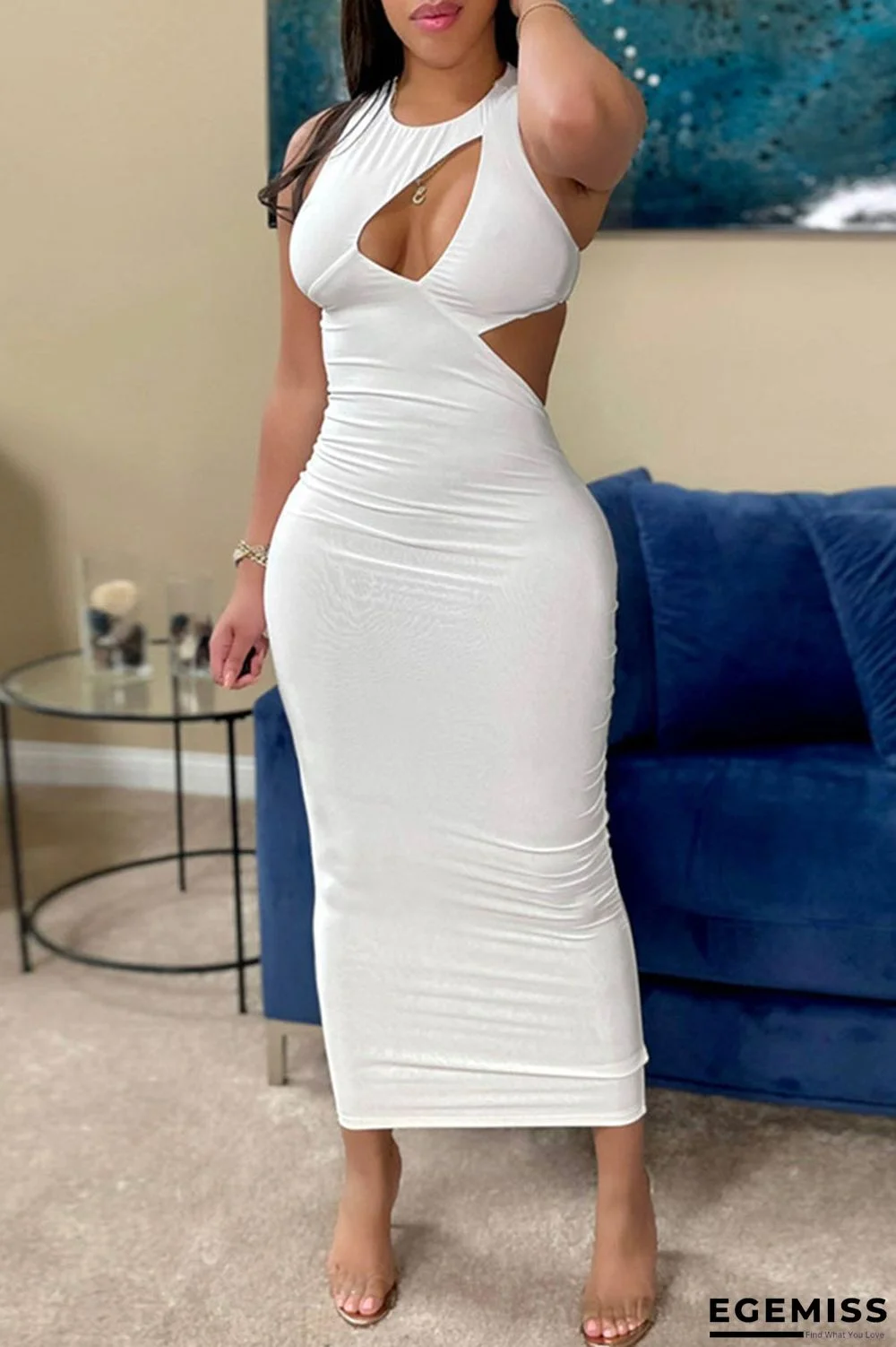 White Sexy Solid Hollowed Out Patchwork O Neck One Step Skirt Dresses | EGEMISS