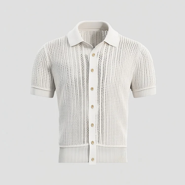 Men's Turndown Collar Button Short Sleeve Hollow Out Knitted Shirt