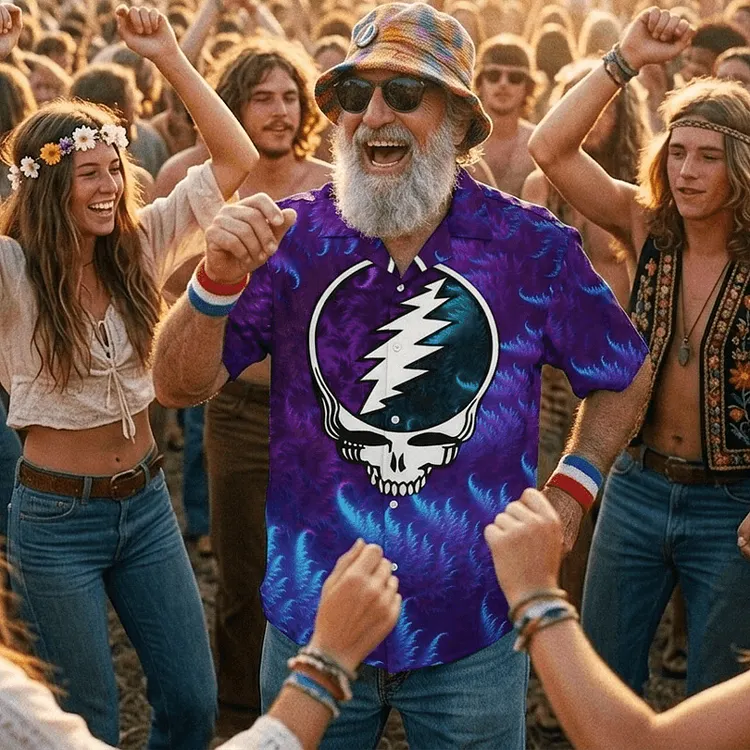 Vintage Grateful Dead Skull & Bear &Terrapin Graphic Cuban Collar Short Sleeve Shirt &ndash; Unisex Retro Cotton Top