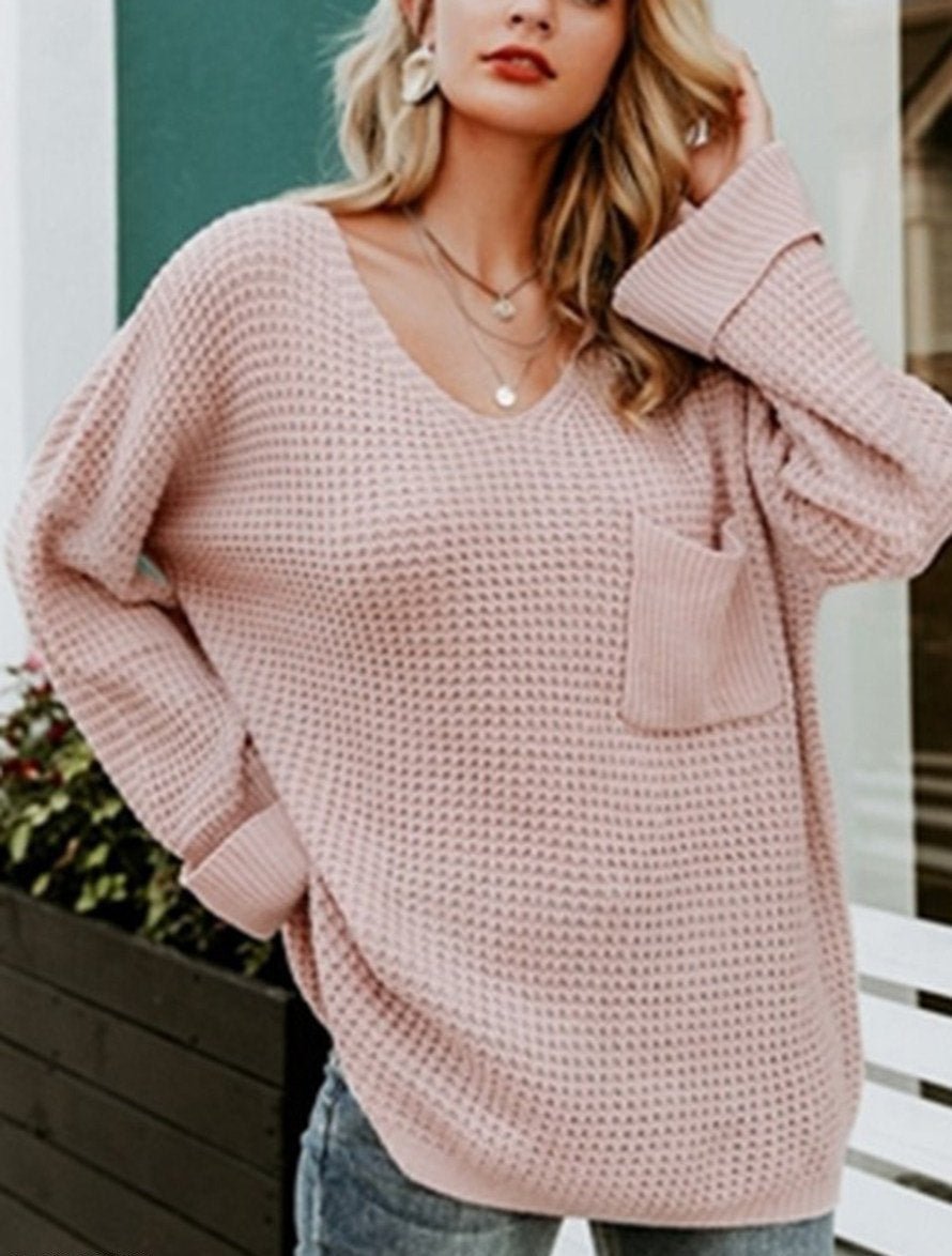 Casual Soft Pocket V-neck Long Sleeve Pullover | EGEMISS