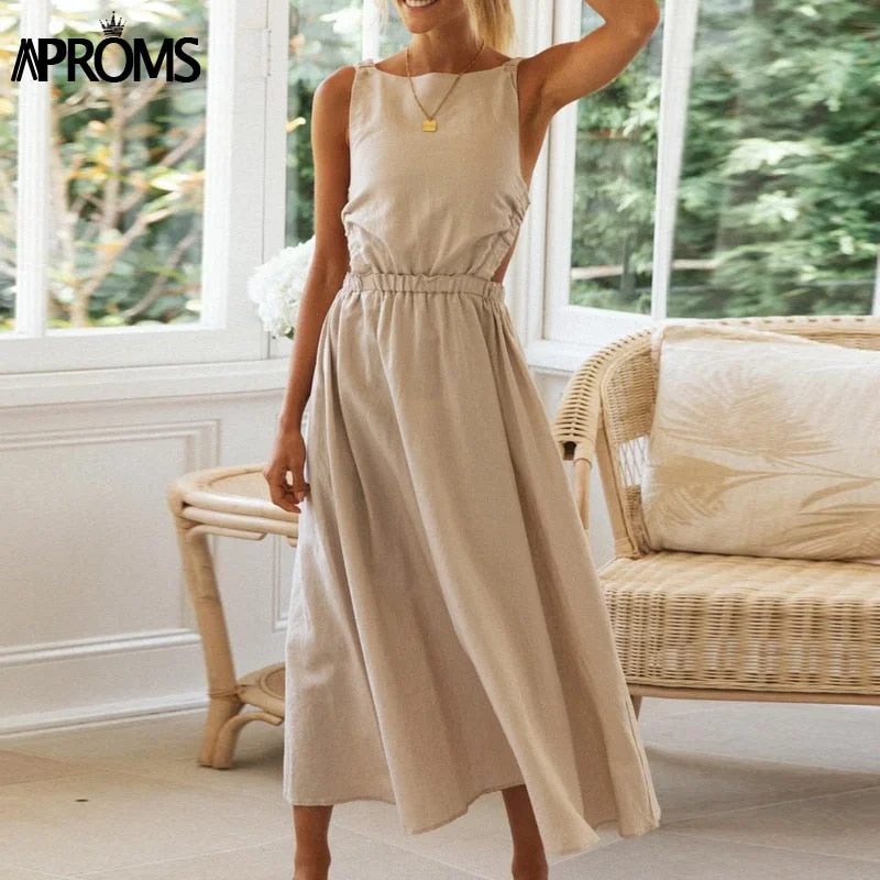 Aproms Solid Color Open Back Midi Dress Women Summer 2022 Vintage Sleeveless Sundress Female Casual Backless A-line Party Dress