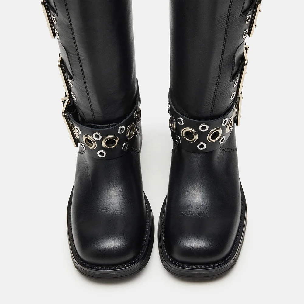 Black Square Toe Chunky Heel Buckle Grommet Knee High Boots for Women