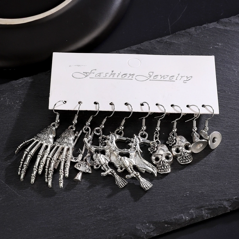 1 Set Gothic Vintage Style Funny Pumpkin Spider Skull Alloy Silver Plated Drop Earrings