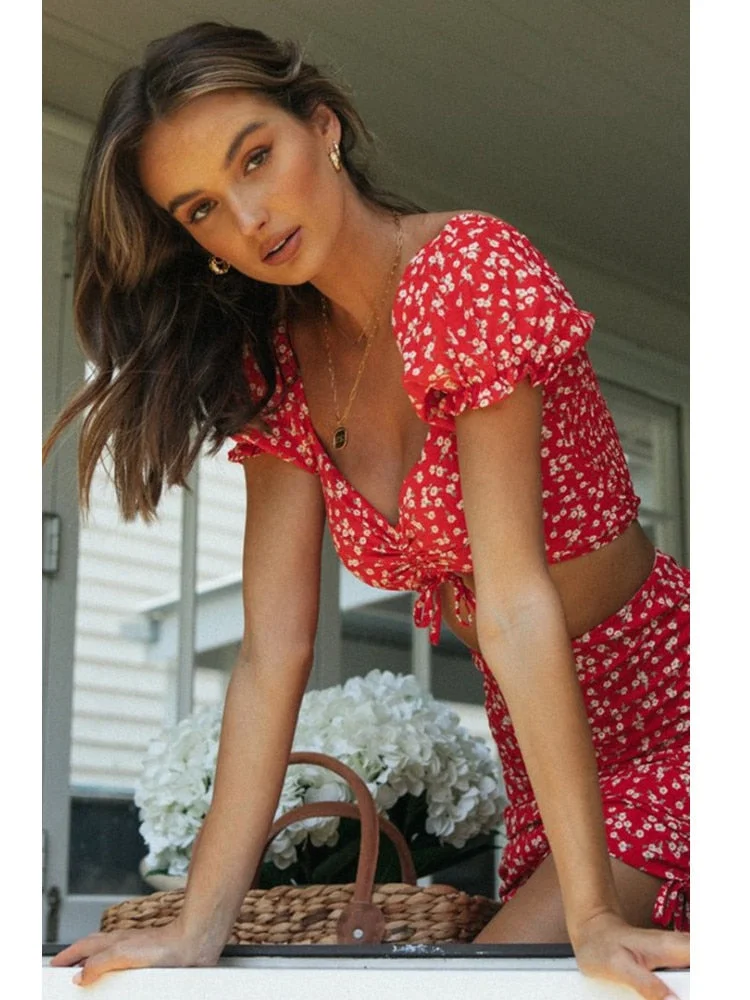 2022 Summer Women Two Piece Sets Boho Floral Skirts Sets Ladies Short Sleeve V Neck Crop Tops Blouse and Mini Skirt Harajuku