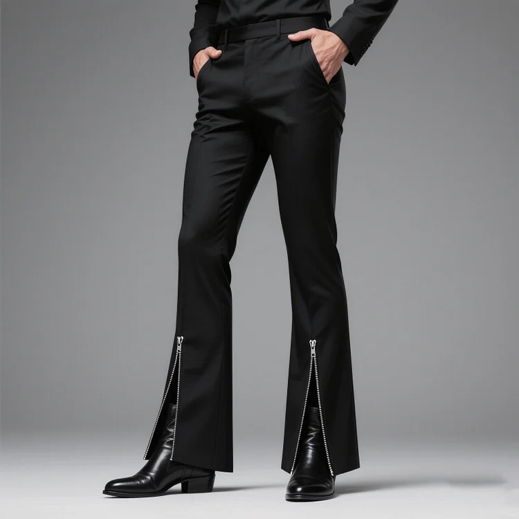 Okaywear Solid Slant Pocket Front Zipper Flare Leg Pants Okaywear