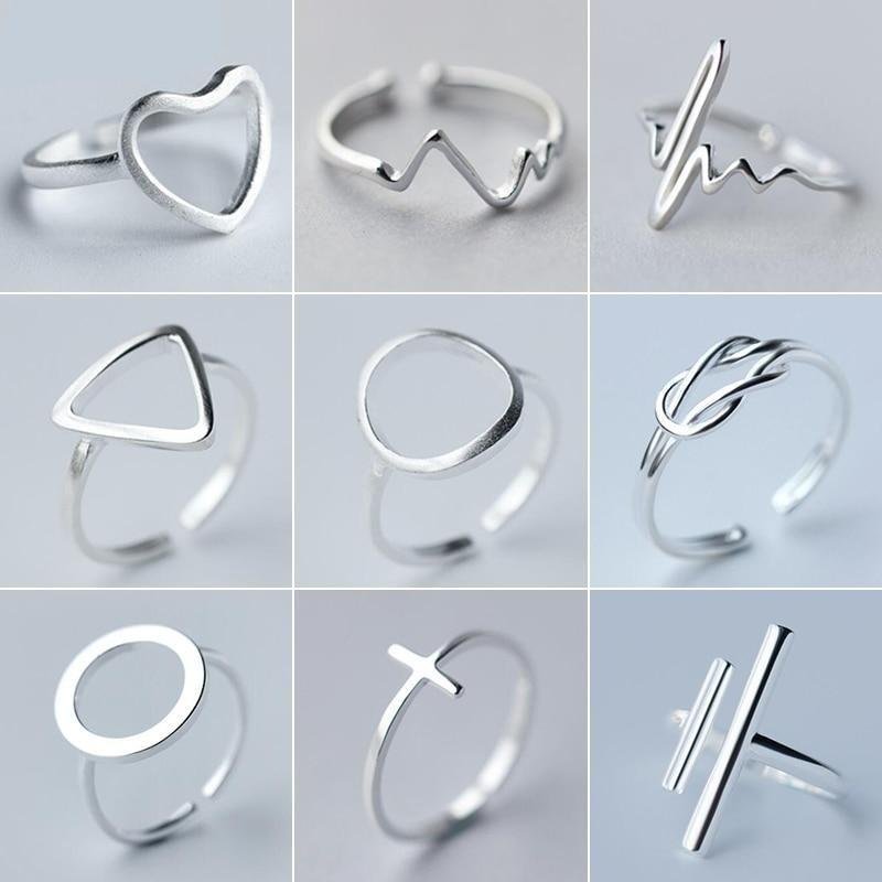 Minimalist Jewelry Silver Geometric Rings Women Adjustable Round Triangle Heartbeat Rings