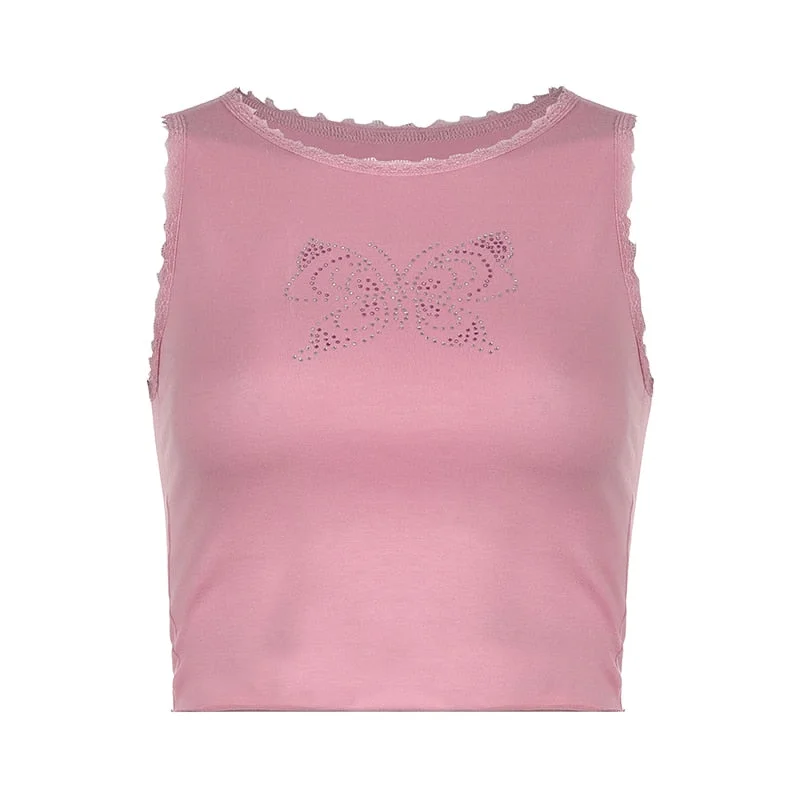 Rapcopter Y2K Butterfly Tank Tops Lace Trim Cute Sweet Basic Crop Top O Neck Sleeveless Rhinestone Summer Sweats Mini Vest Women