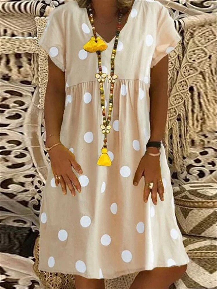 Polka Dot Print Dress Vintage V-neck Short Sleeve Midi Dress Retro Printed Patchwork Loose Beach Casual Dresses Plus Size