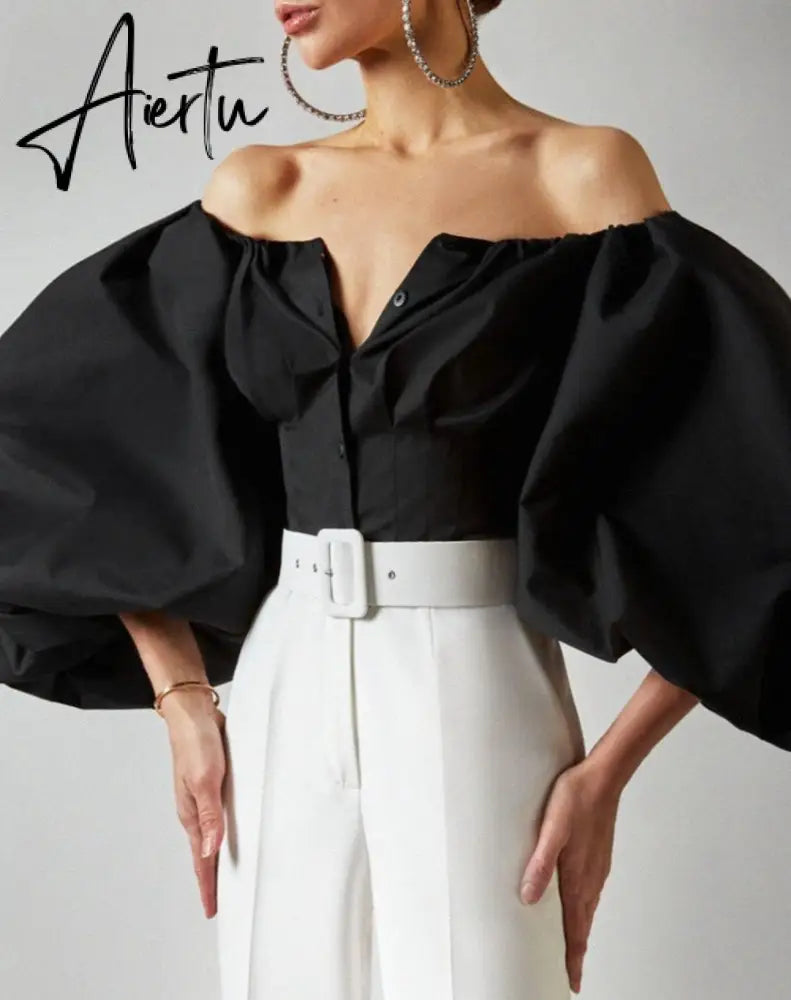 Aiertu Fashion Sexy Off Shoulder Blouses Women Spring Summer Lantern Long Sleeve Print Top Vintage Holiday Elegant Shirt Blusas Aiertu