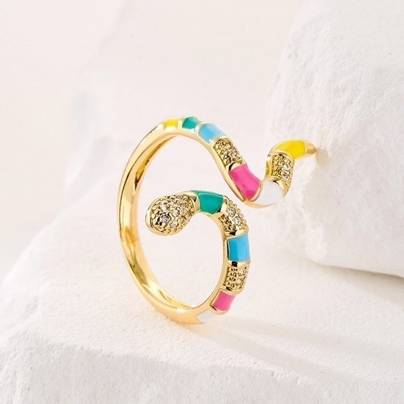 Fashion Snake Copper Open Ring Enamel Gold Plated Zircon Copper Rings