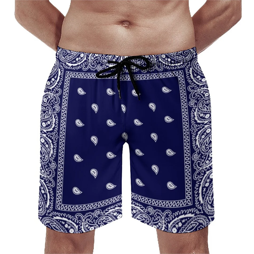 Bandana True Blue Elegant Men's Swim Trunks Summer Board Shorts Quick Dry Beach Short with Pockets