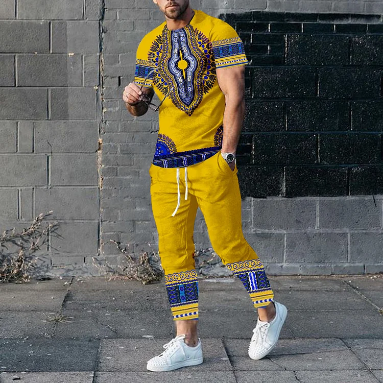 BrosWear Men's African Totem T-Shirt And Pants Co-Ord In Yellow