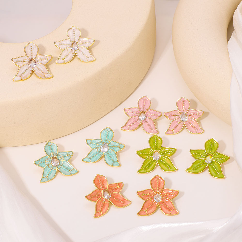 Ins Five Petals Flower Color Drip Glue Stainless Steel Earrings Earrings Female Diamond Earrings