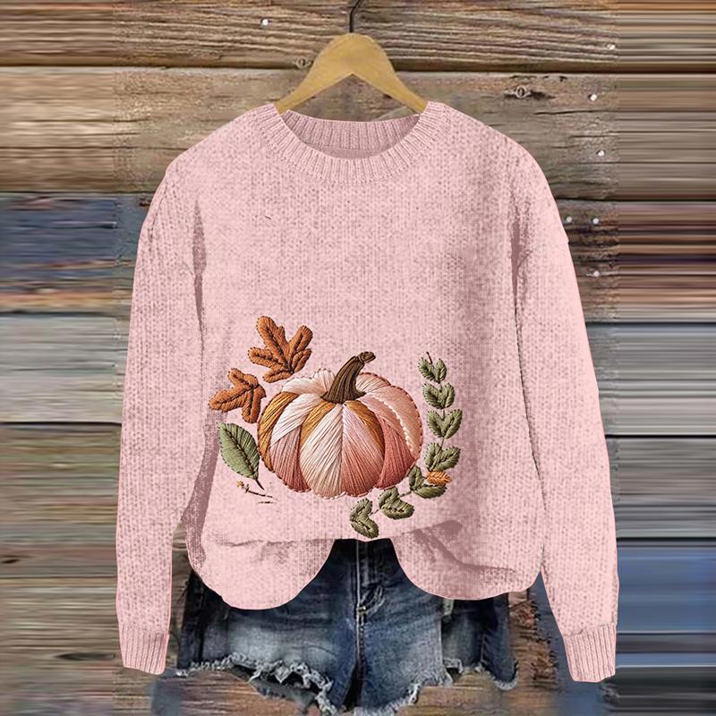Vintage Pink Floral And Pumpkin Embroidered Crew Neck Sweater