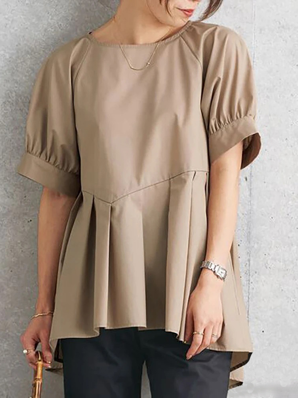 Lantern Sleeve Front and Back Irregular Pleated Round Neck Shirt